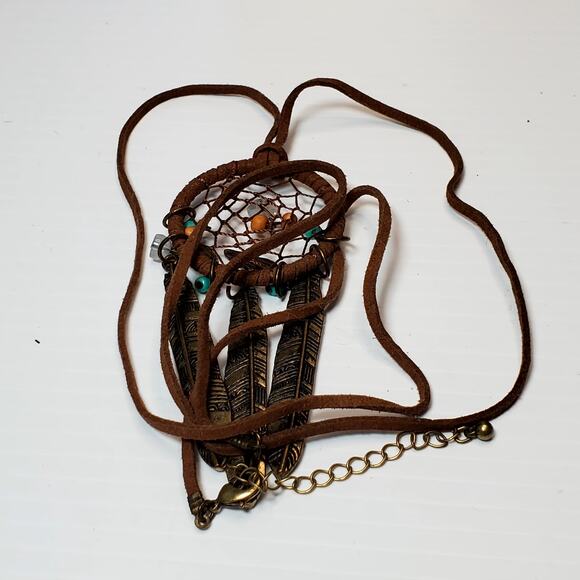 Feather Charm Dangle Dream Catcher Pendant Extra Long Boho Necklace 34" - Picture 4 of 5